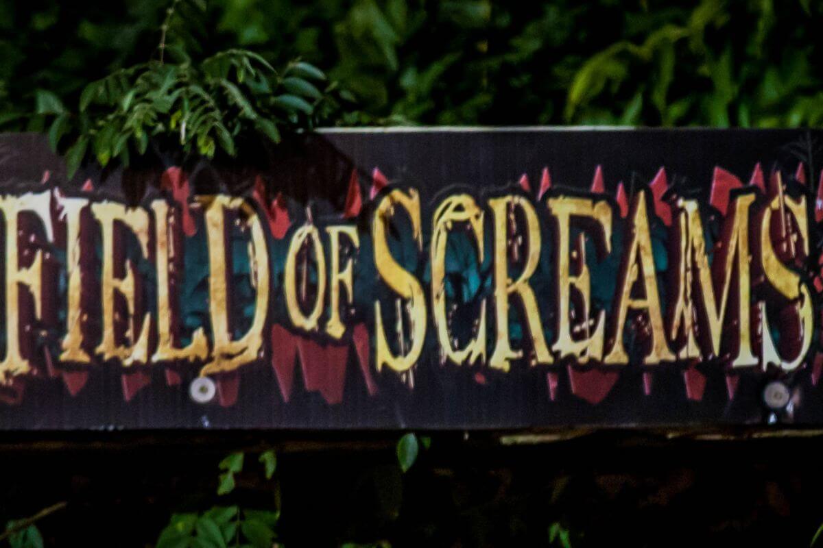 A "Field of Screams" signage as seen outside of Field of Screams, a top amusement park in Montana