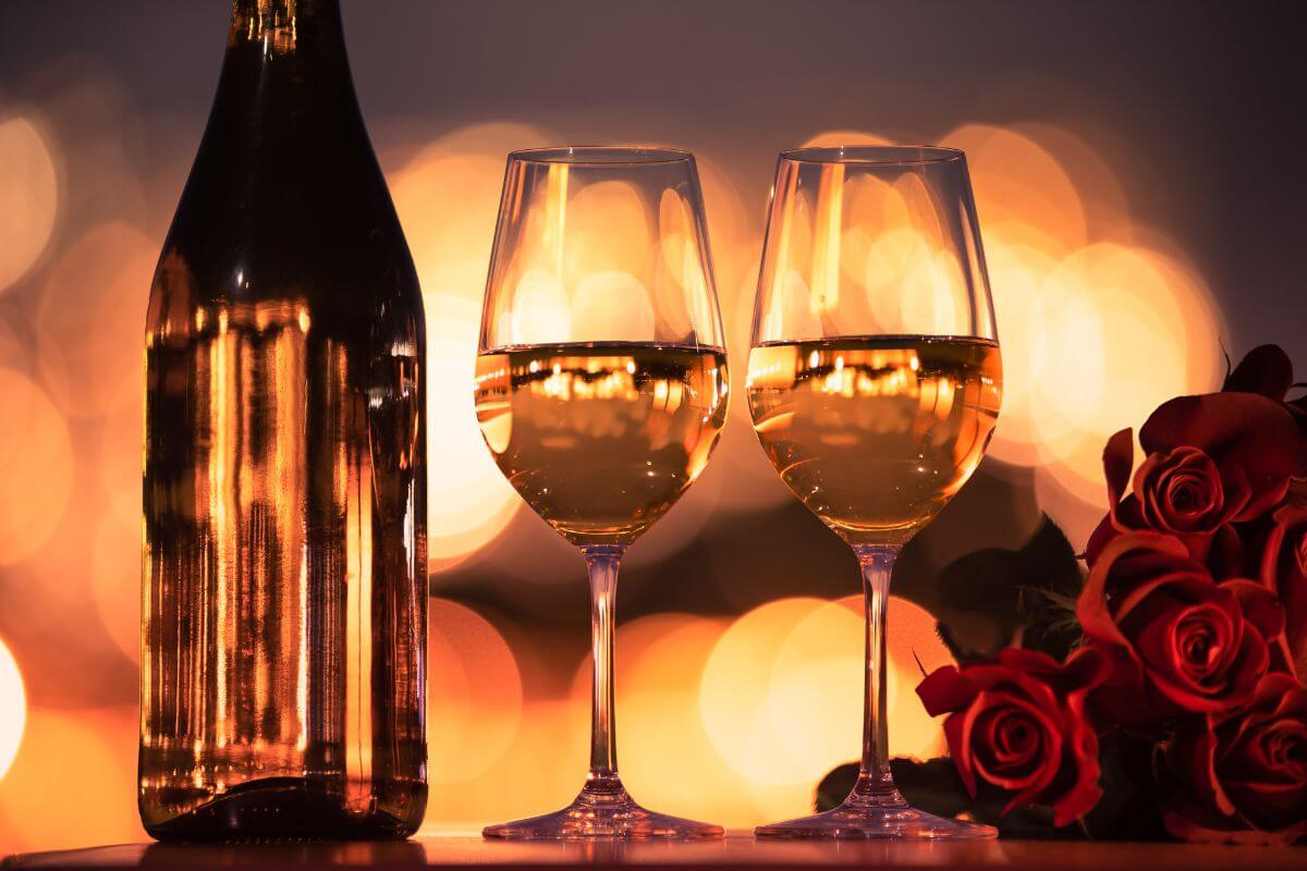 A romantic table setting with two glasses of wine.