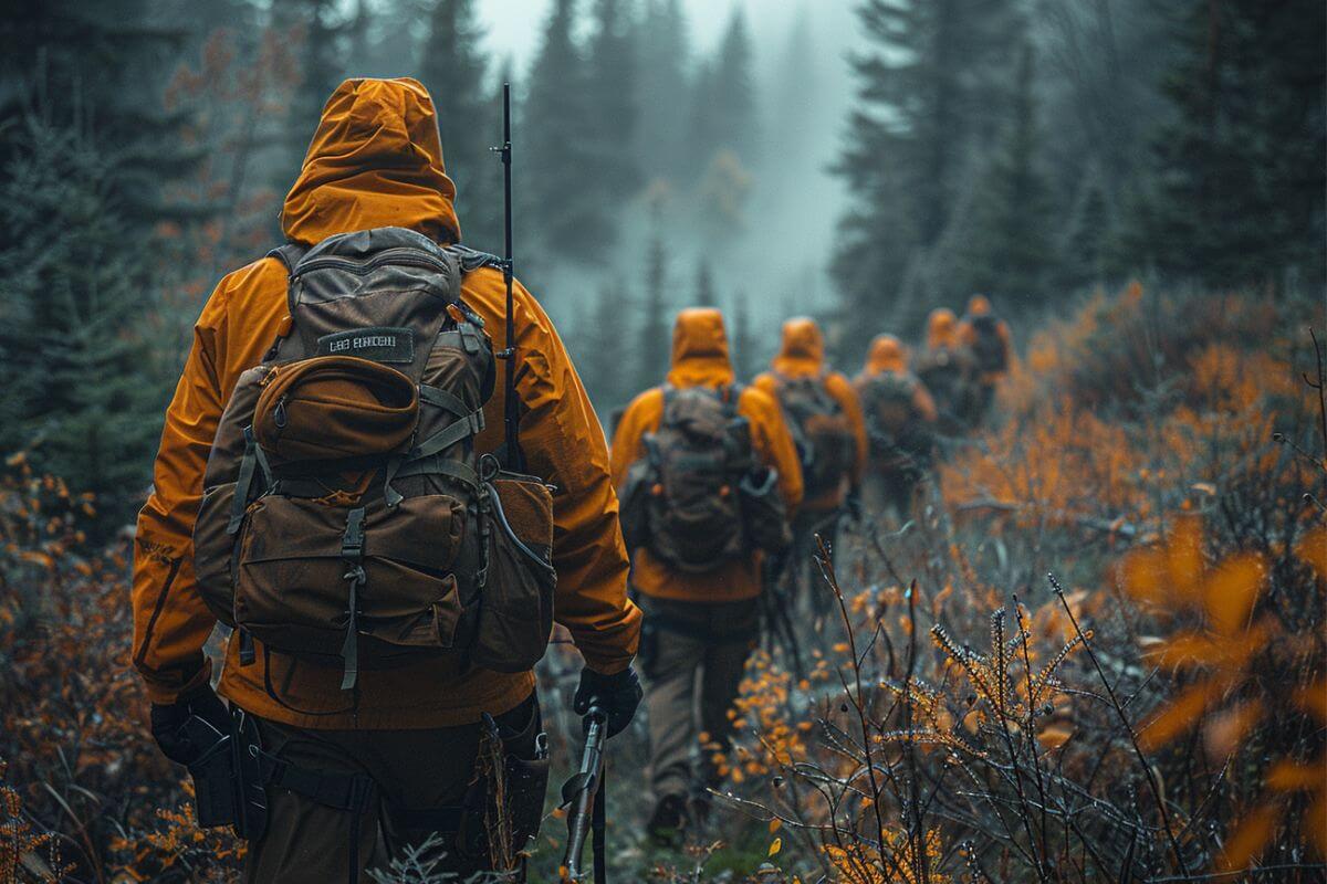 A group of hunters walking through the woods, adhering to one of the hunting safety tips in Montana, which is to avoid solo hunting.





