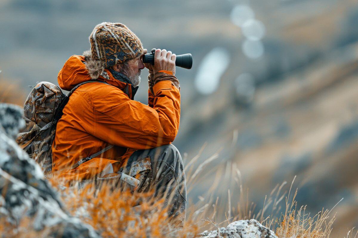 A hunter uses binoculars to survey his surroundings for Bighorn Sheep