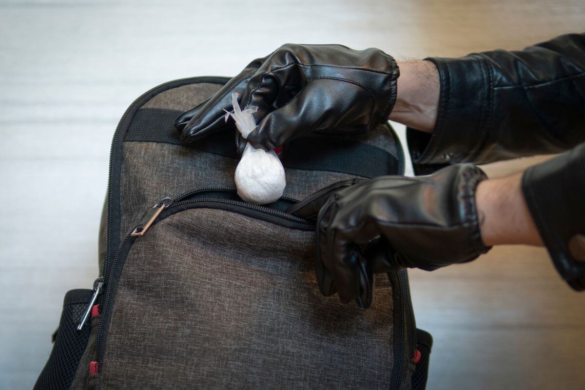 A man in black gloves is putting drugs in a black backpack