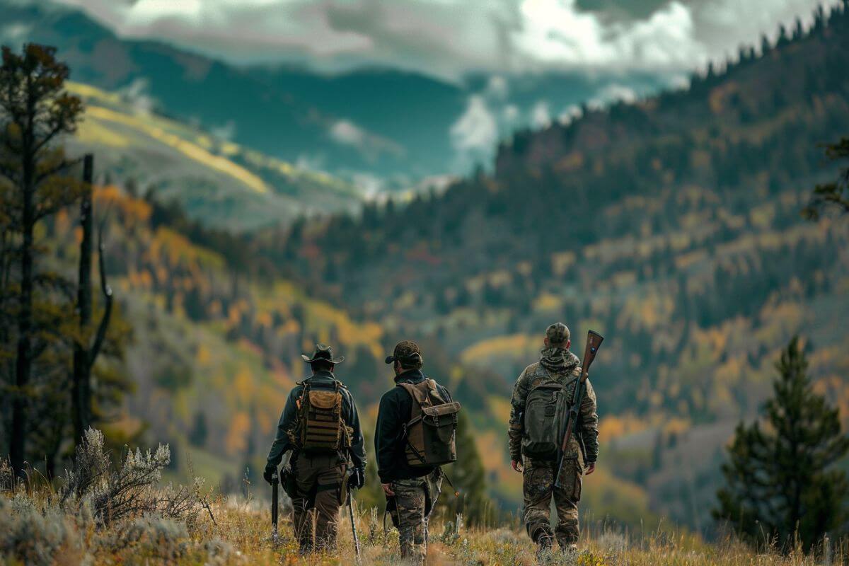 The rear view of three hunters in a clearing within a wooded area in Montana during a buffalo hunt.