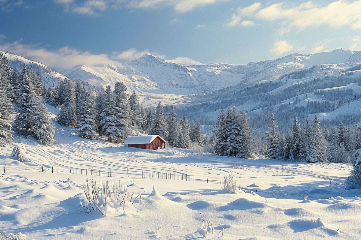 A delightful winter scene in Montana featuring snow covered trees and a cabin.