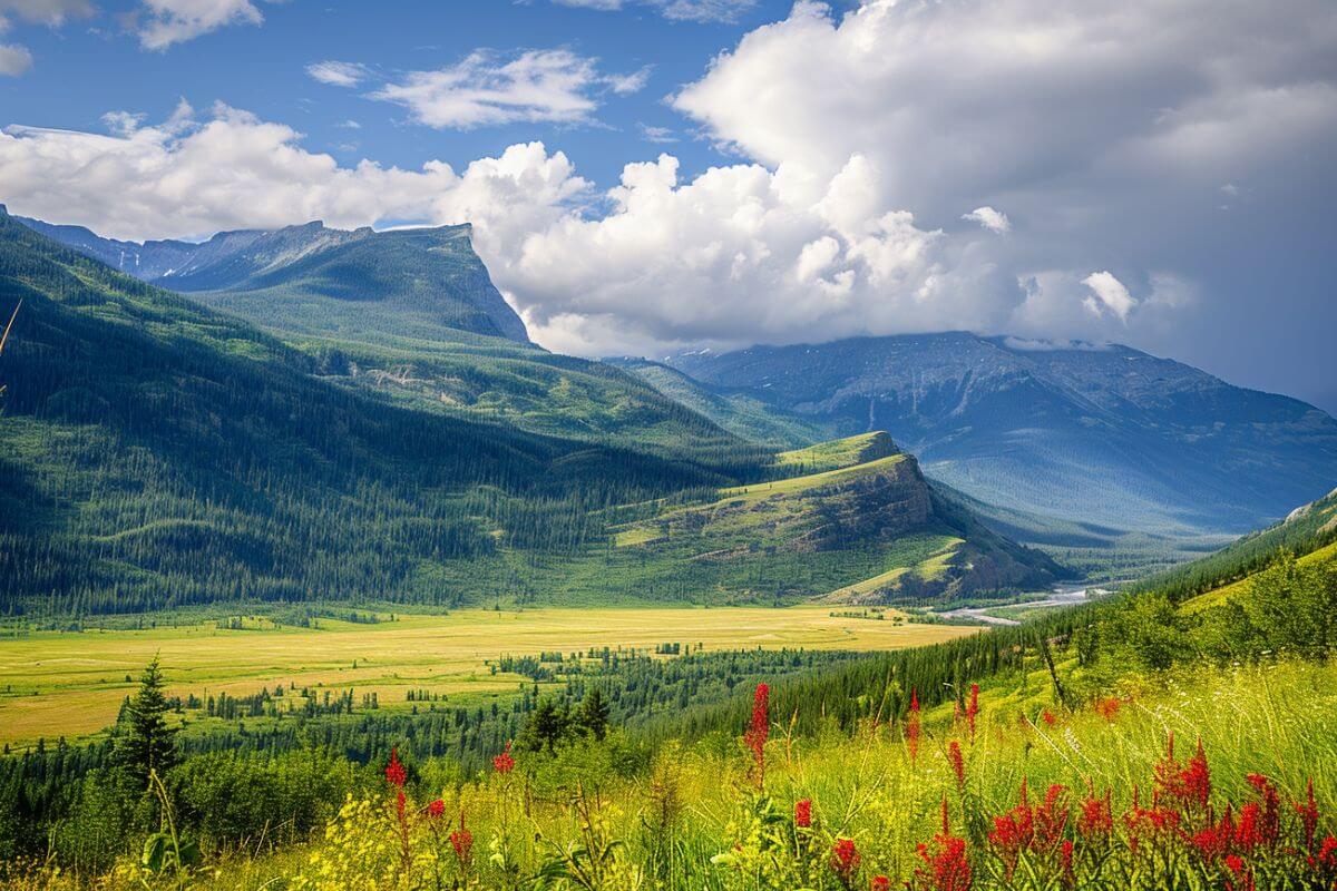 A valley with mountains and red flowers in Montana during the summer.
