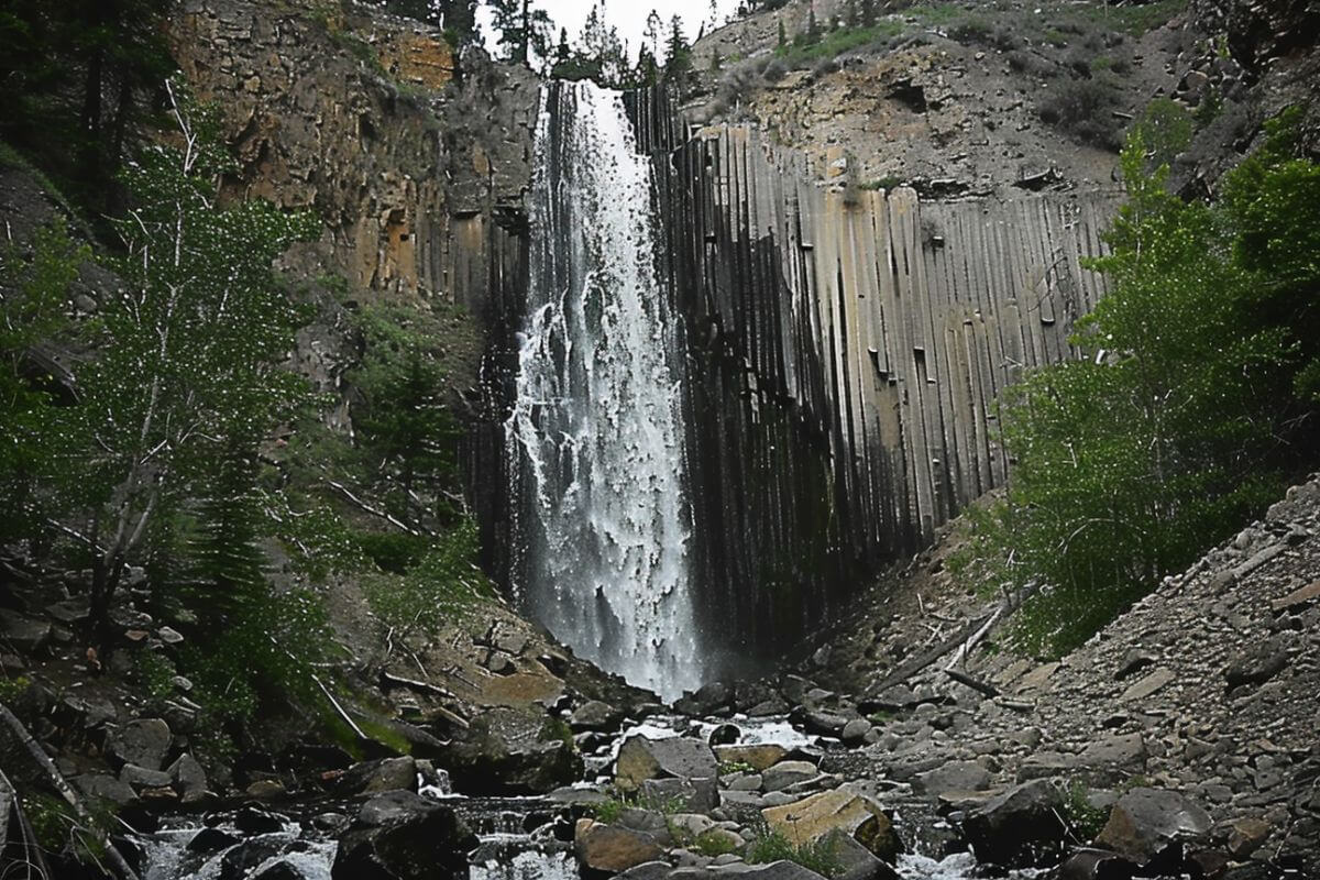 Palisade Falls tumbles over a cliff, with basalt formations behind, amid green trees and rocky ground. 