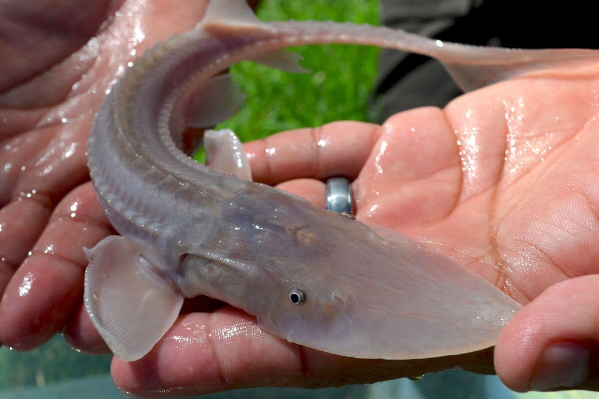 A translucent juvenile Pallid Sturgeon, a Montana endangered species, rests gently in a person's hand.