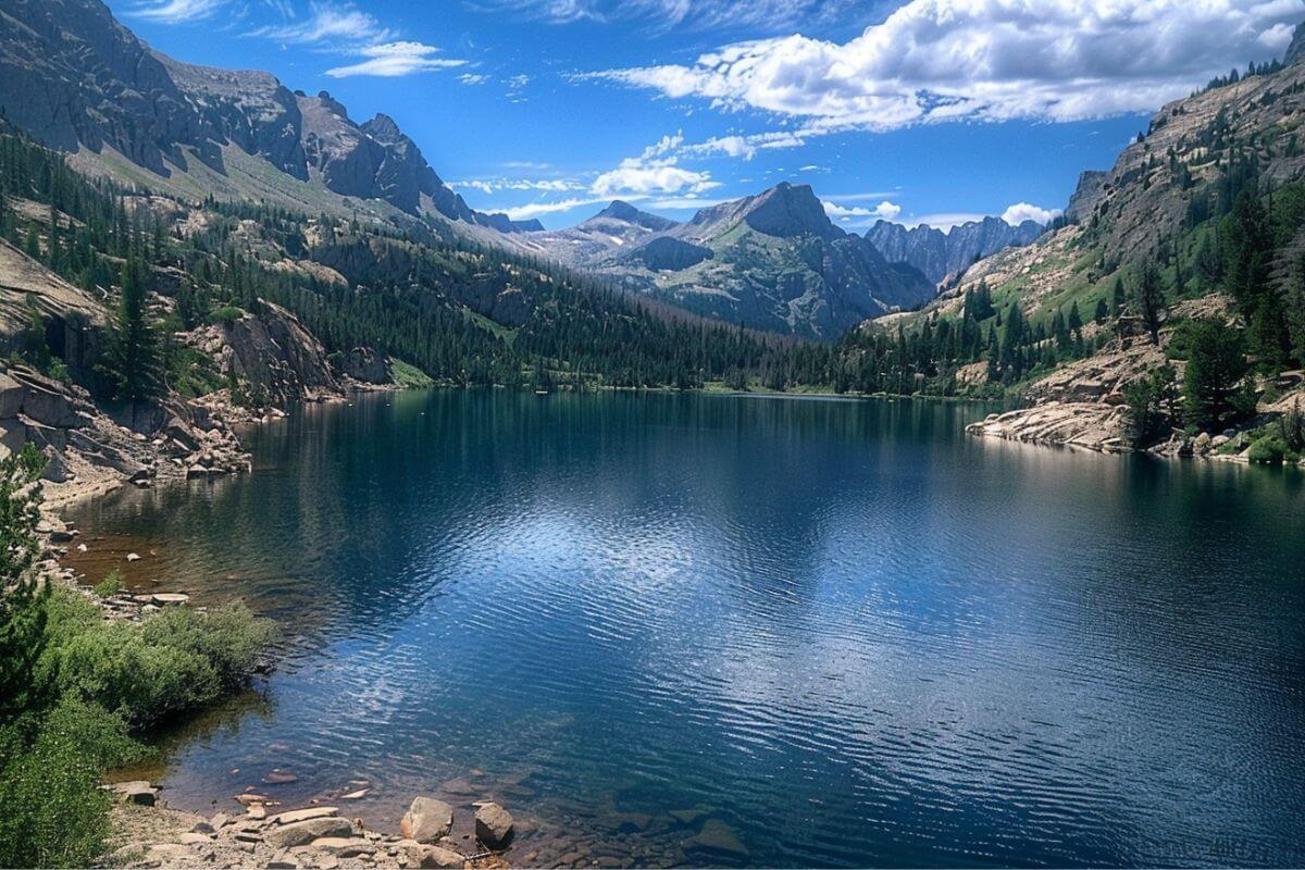 Rimrock Lake in Montana reflects a partly cloudy sky, surrounded by forested slopes and rugged peaks.