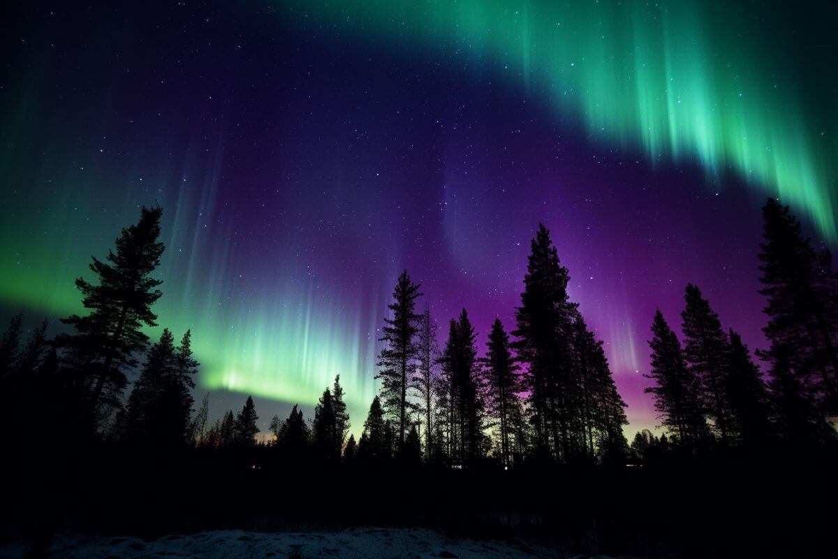 The aurora borealis lights up the sky over a forest in Montana.