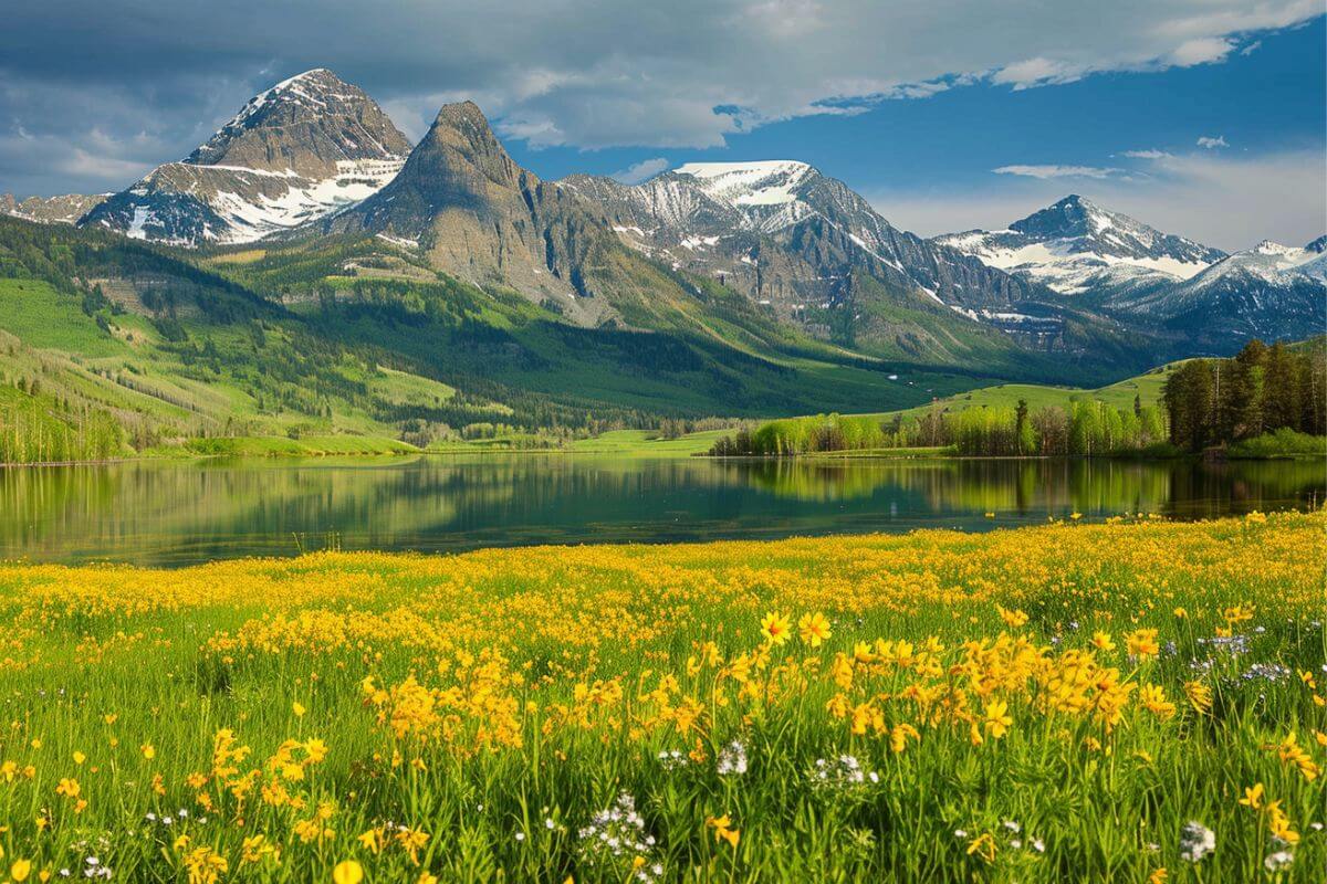 Spring fields in Montana adorned with yellow flowers in front of a lake and mountains in the background.