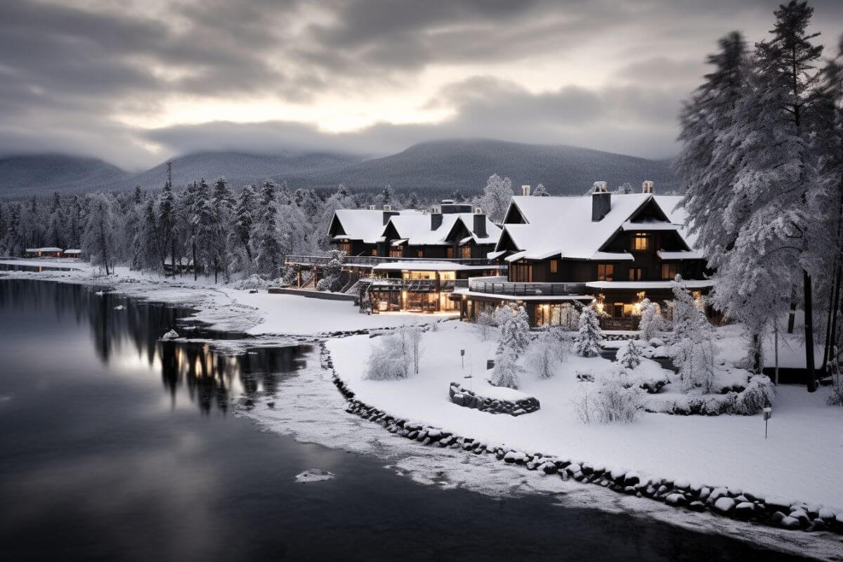 Large log cabins by the riverbank during wintertime in Montana.