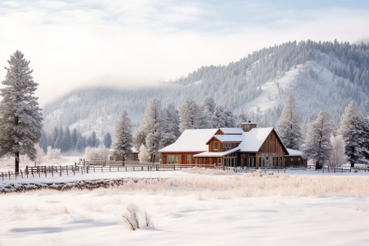 A cozy cabin covered in snow in the middle of a winter wonderland field in Montana.