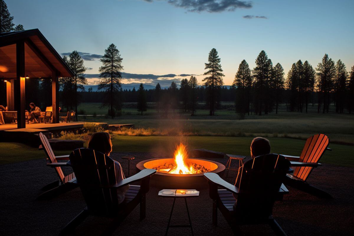 A couple enjoys a romantic evening by the outdoor fire pit in a Montana ranch.
