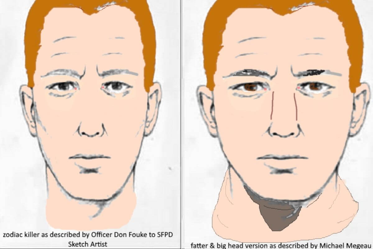 Side-by-side colored sketches of two different versions The Zodiac Killer.