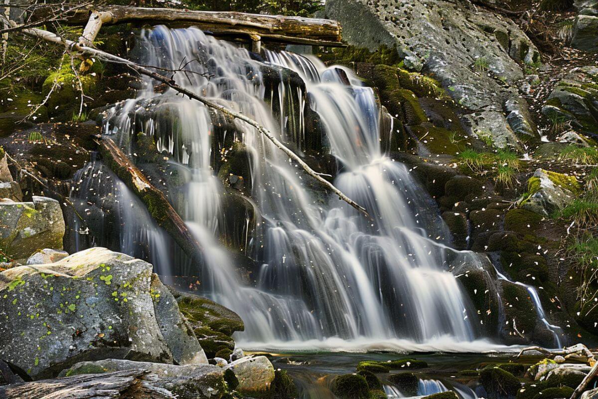 Memorial waterfalls cascades gently over mossy rocks in a wooded landscape in Montana.