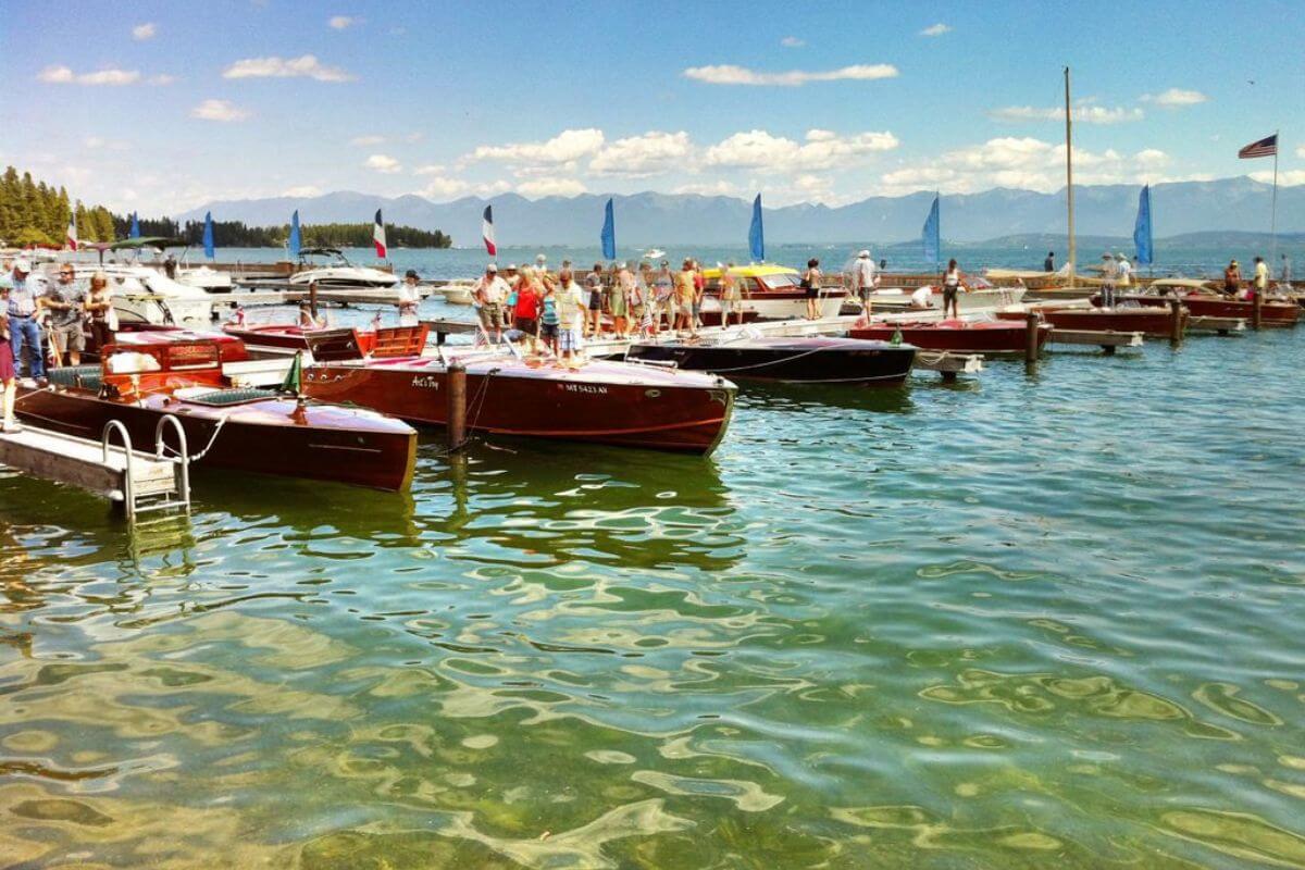 Several boats docked on a lake in Montana.