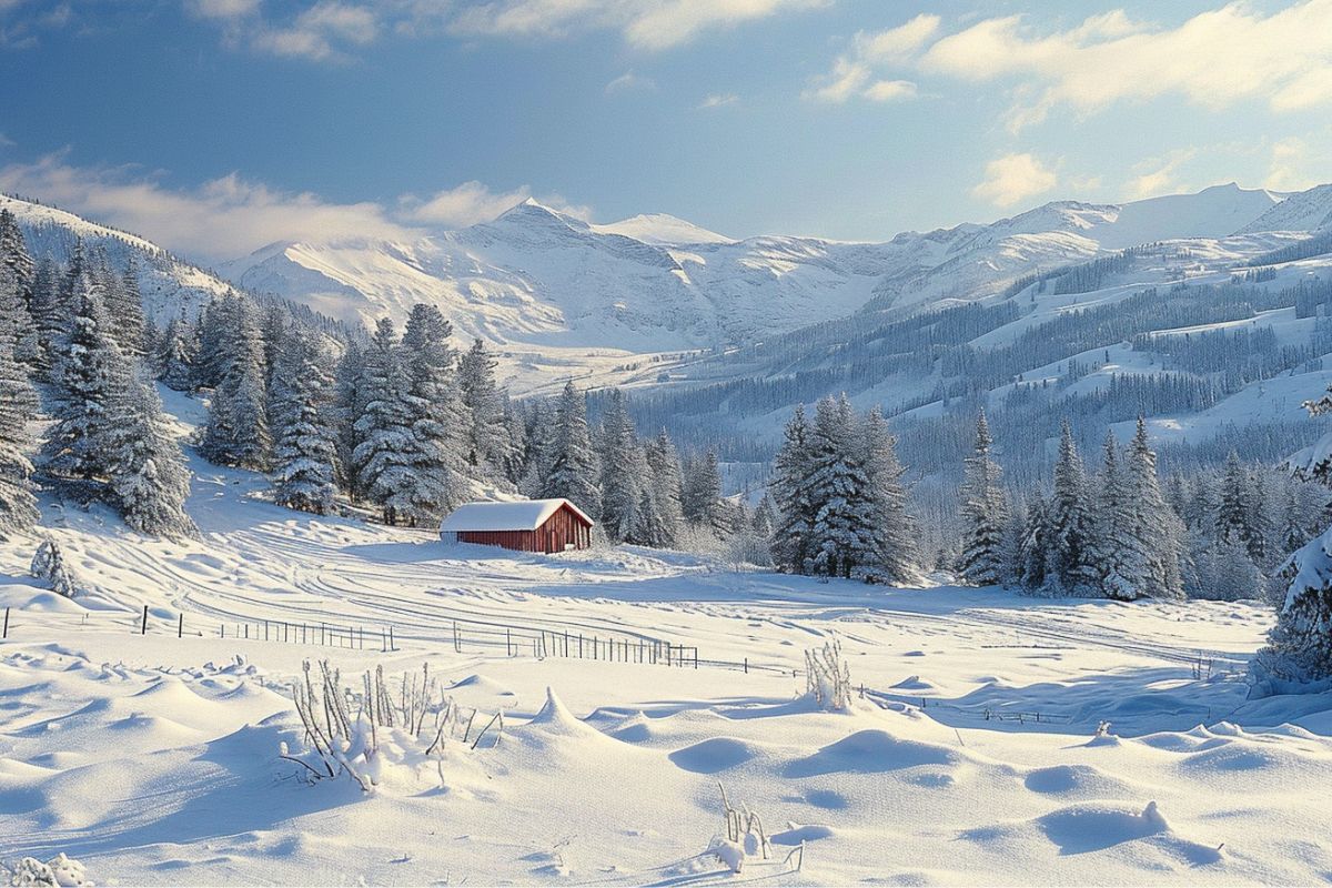 A snowy landscape with a red barn and trees in Montana.