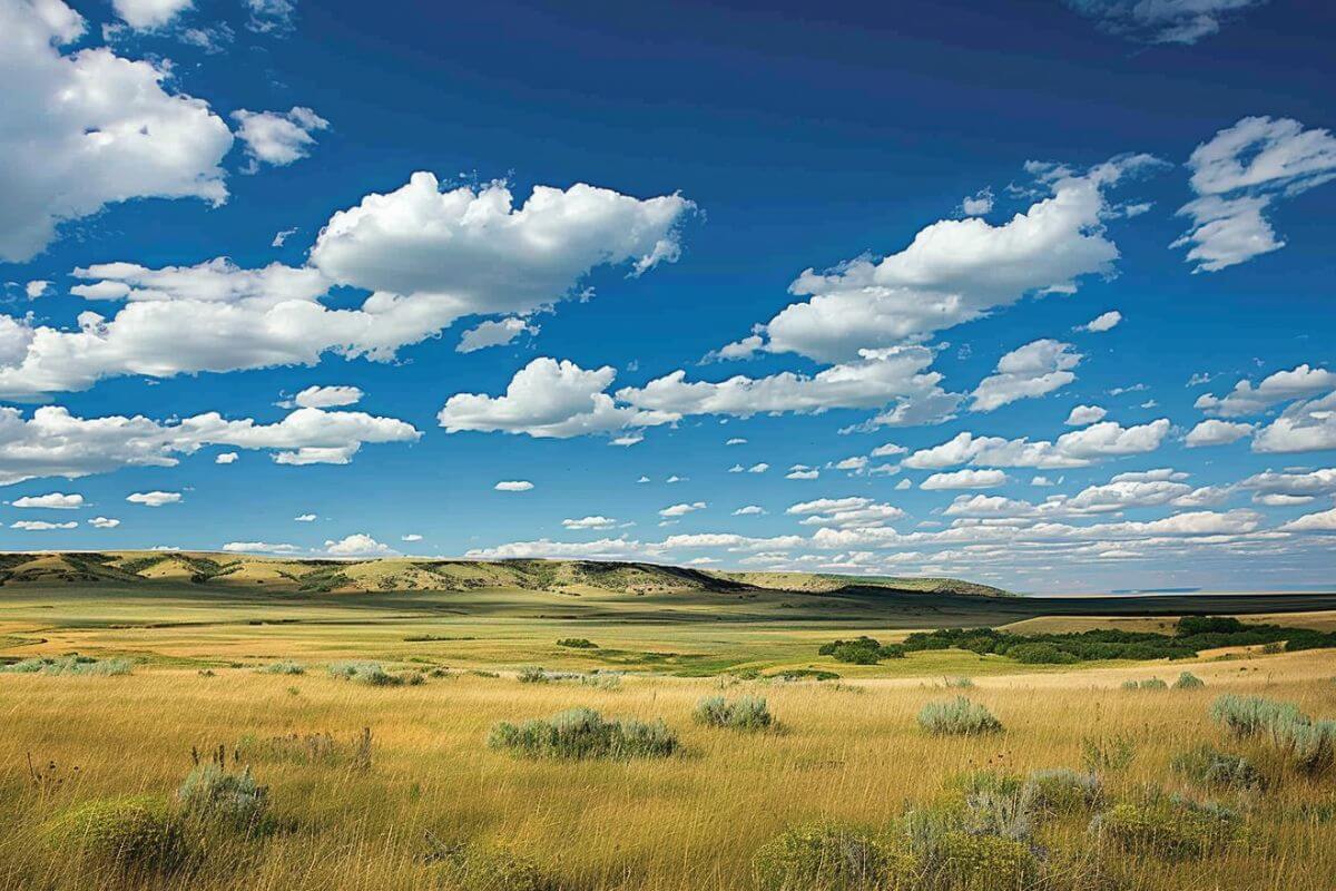 A wide landscape of open grasslands under a bright blue sky dotted with white clouds at the American Prairie Reserve, Montana.