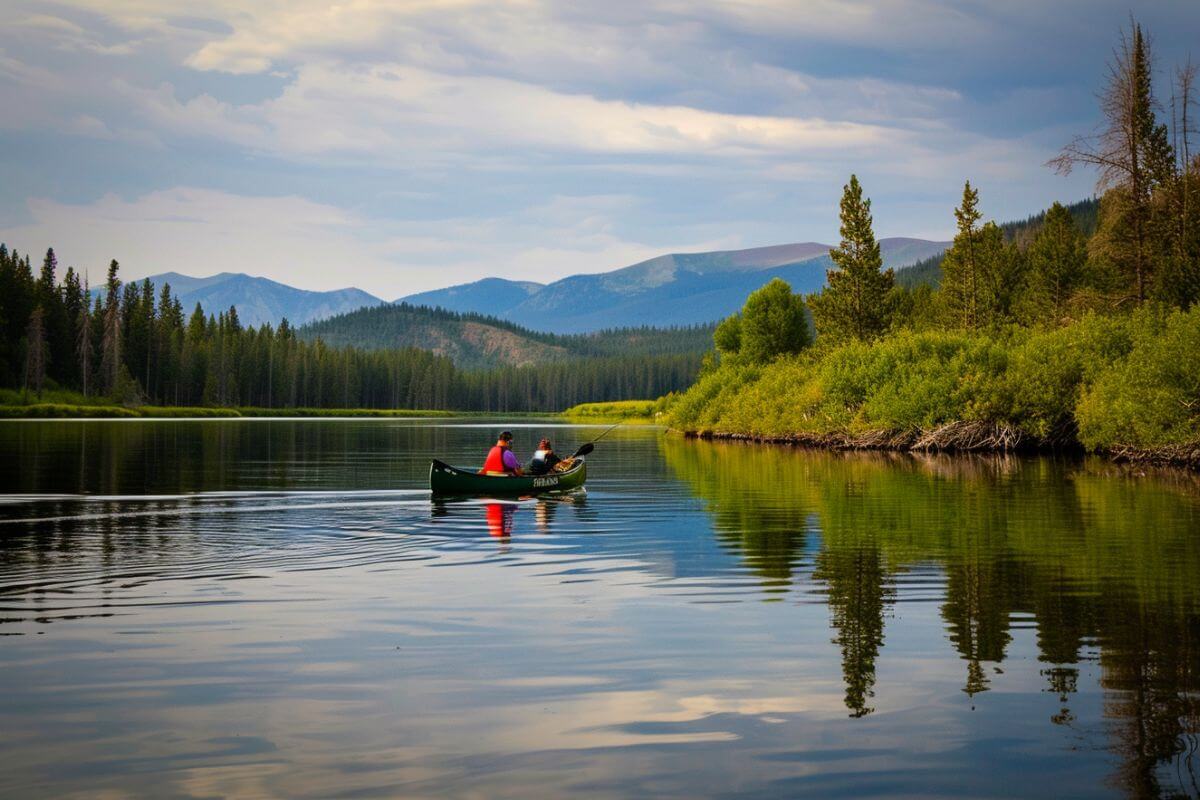 A man and a woman in a canoe are paddling down Seeley Lake in Montana.