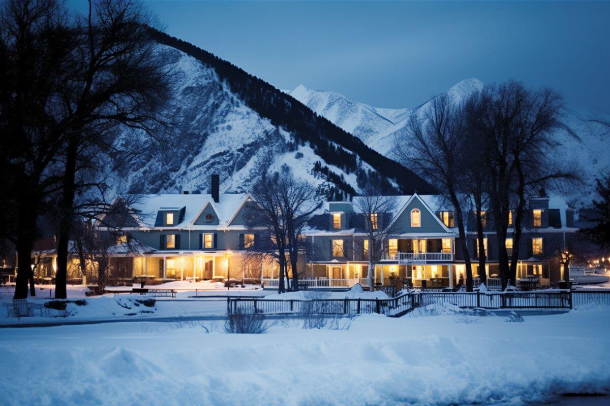 A hotel in Montana is lit up in the snow with mountains in the background.