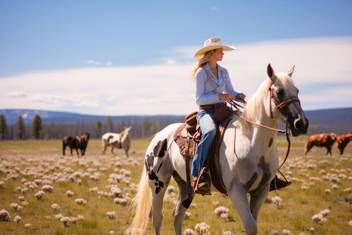 A woman riding her horse through a ranch field in Montana, with horses at the back.