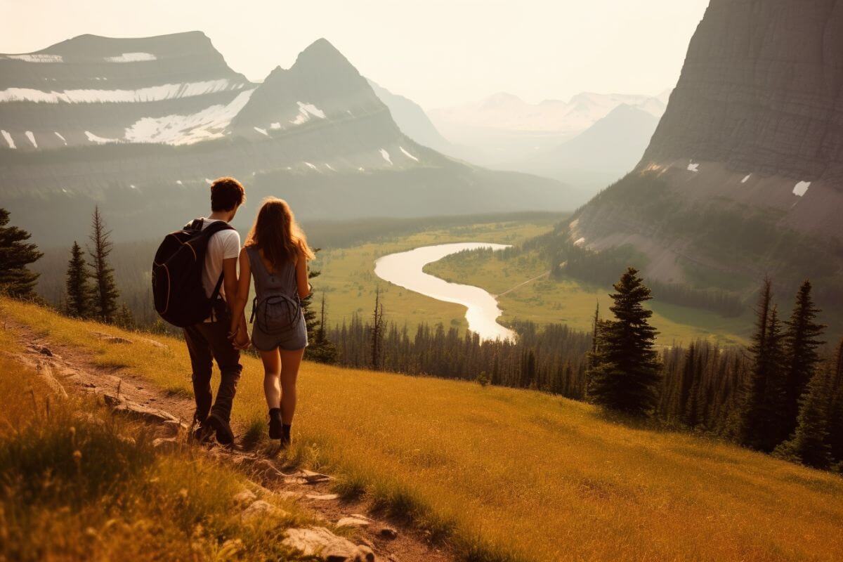 A couple hiking in the Montana mountains during their honeymoon.