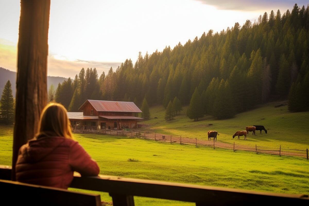 A solo traveler sits on her cabin porch, admiring the view of horses grazing in the pasture.