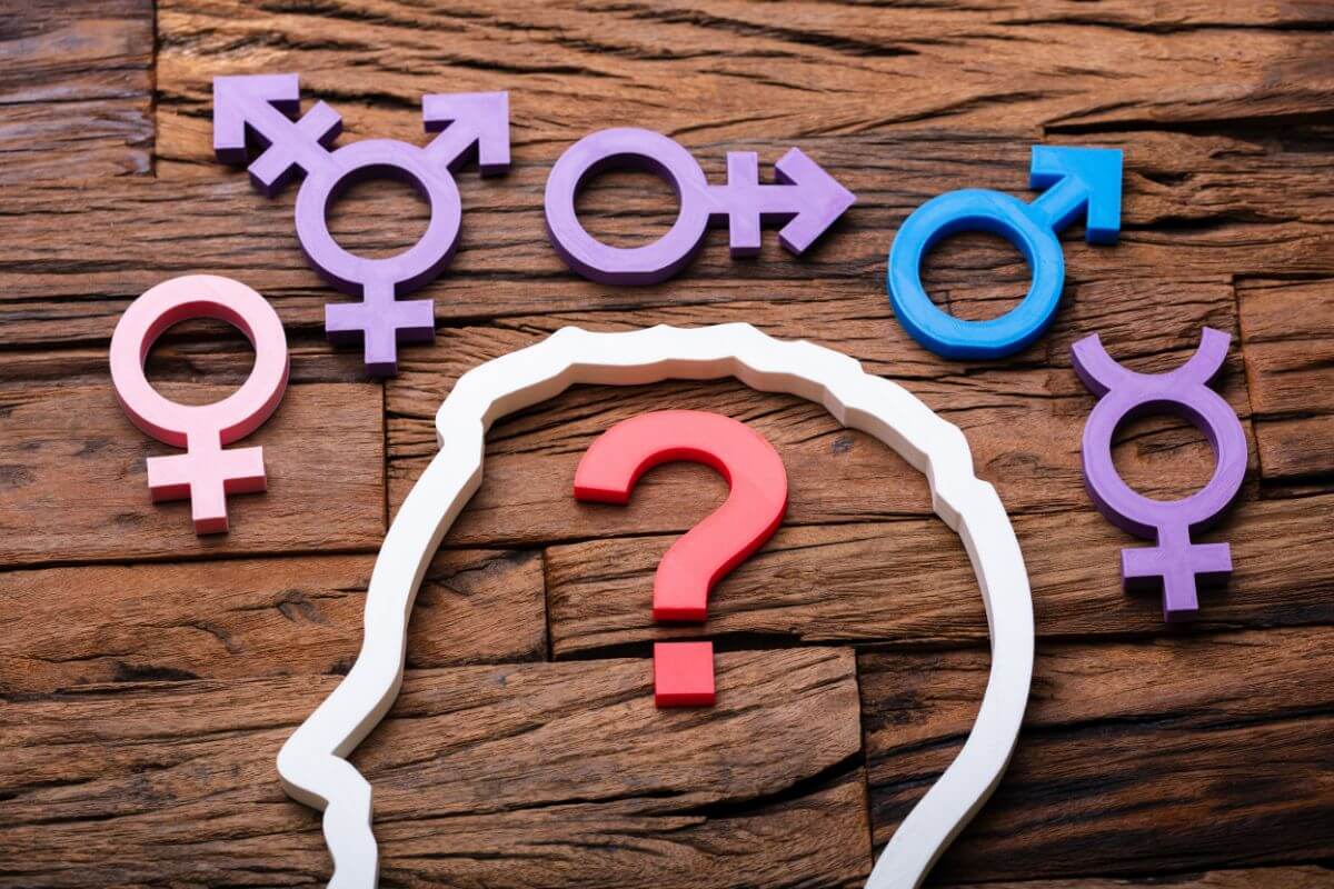 A man's head surrounded by gender symbols