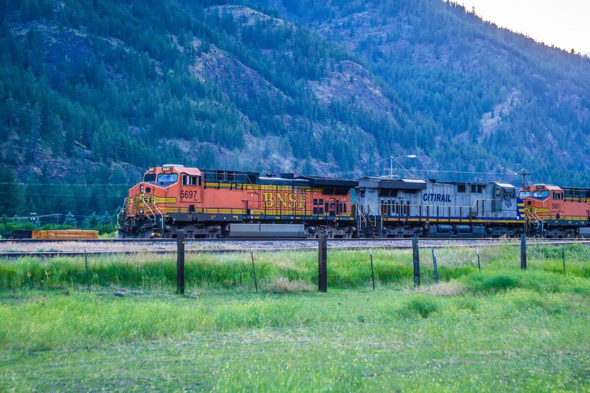 A train traveling through the picturesque mountains of Montana.
