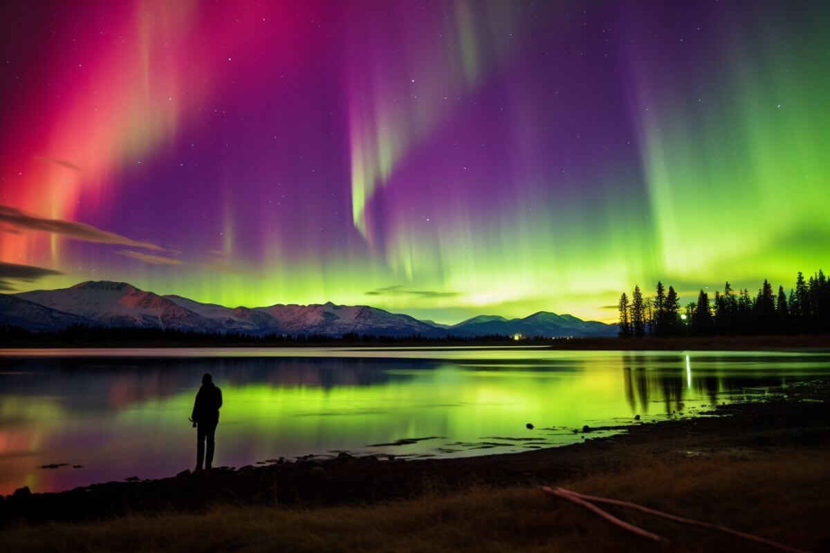 A stunning aurora borealis over a serene lake in Montana amid majestic mountains.