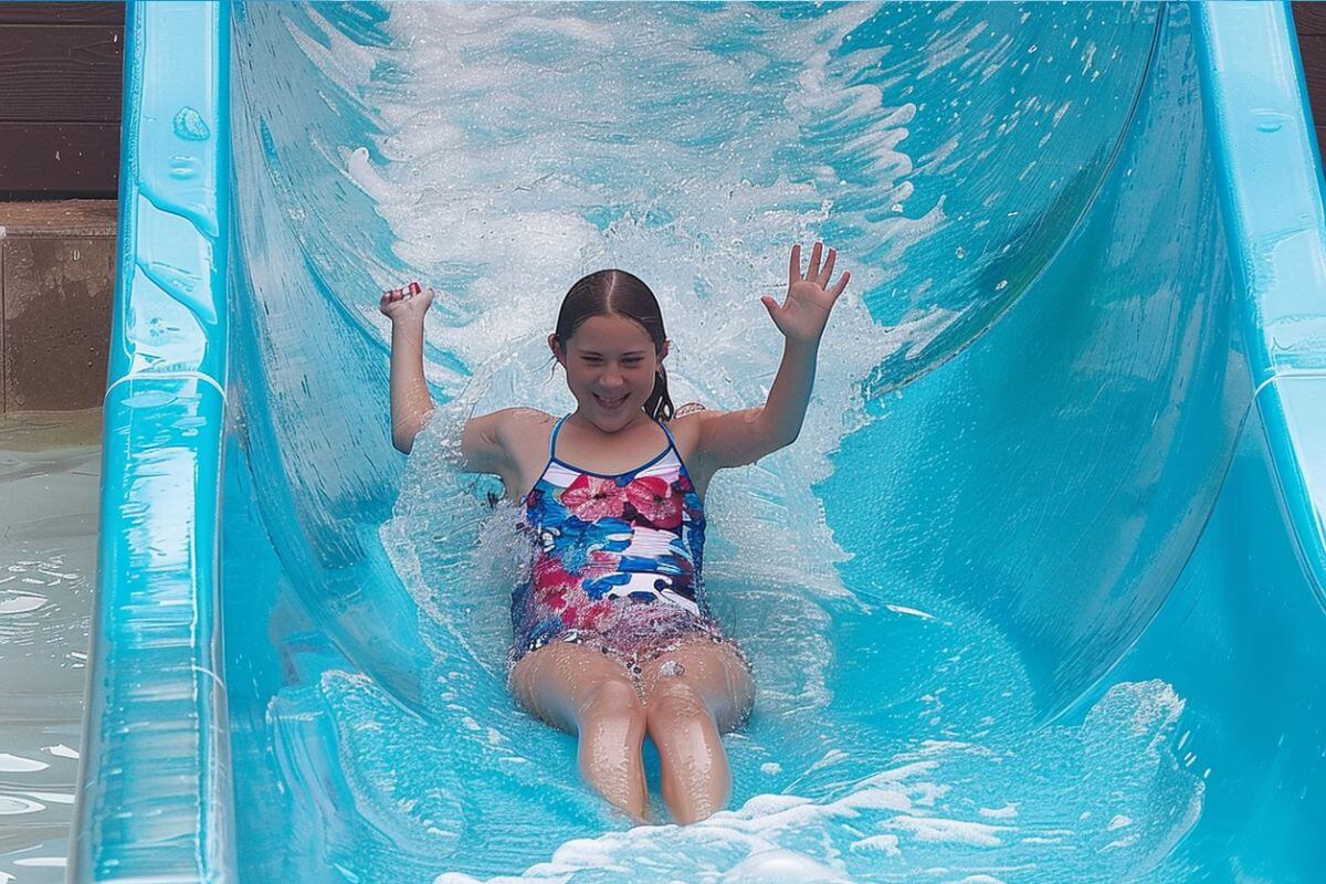 A girl throws her hands up in excitement as she slides down a blue water slide at Last Chance Splash Waterpark.