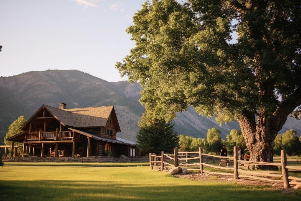 A log cabin nestled in the middle of a grassy field in Lone Mountain Ranch, Montana.