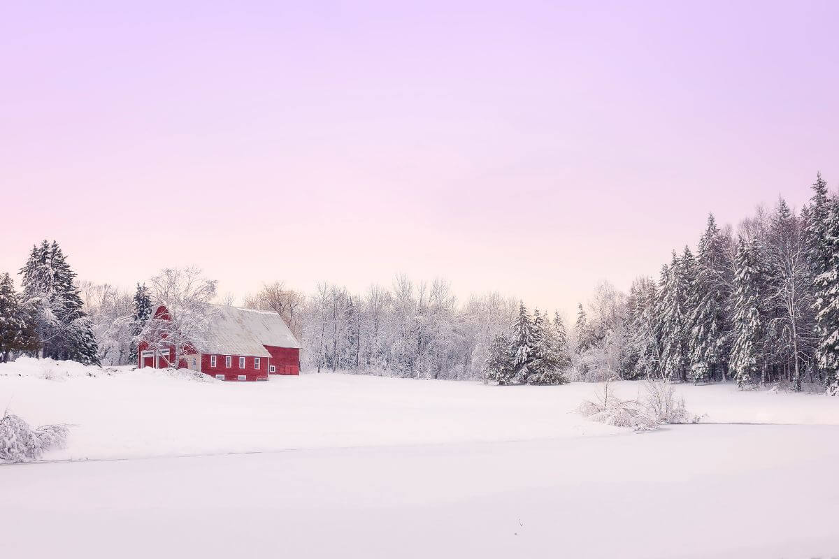 A red barn in the middle of a snow-covered field in Maine, one of the coldest states.