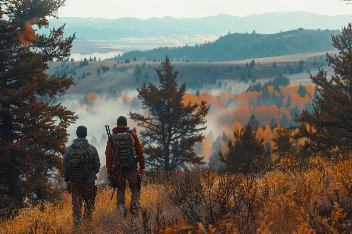 Two hunters walk through a grassy hill in Montana during a their buffalo hunting trip