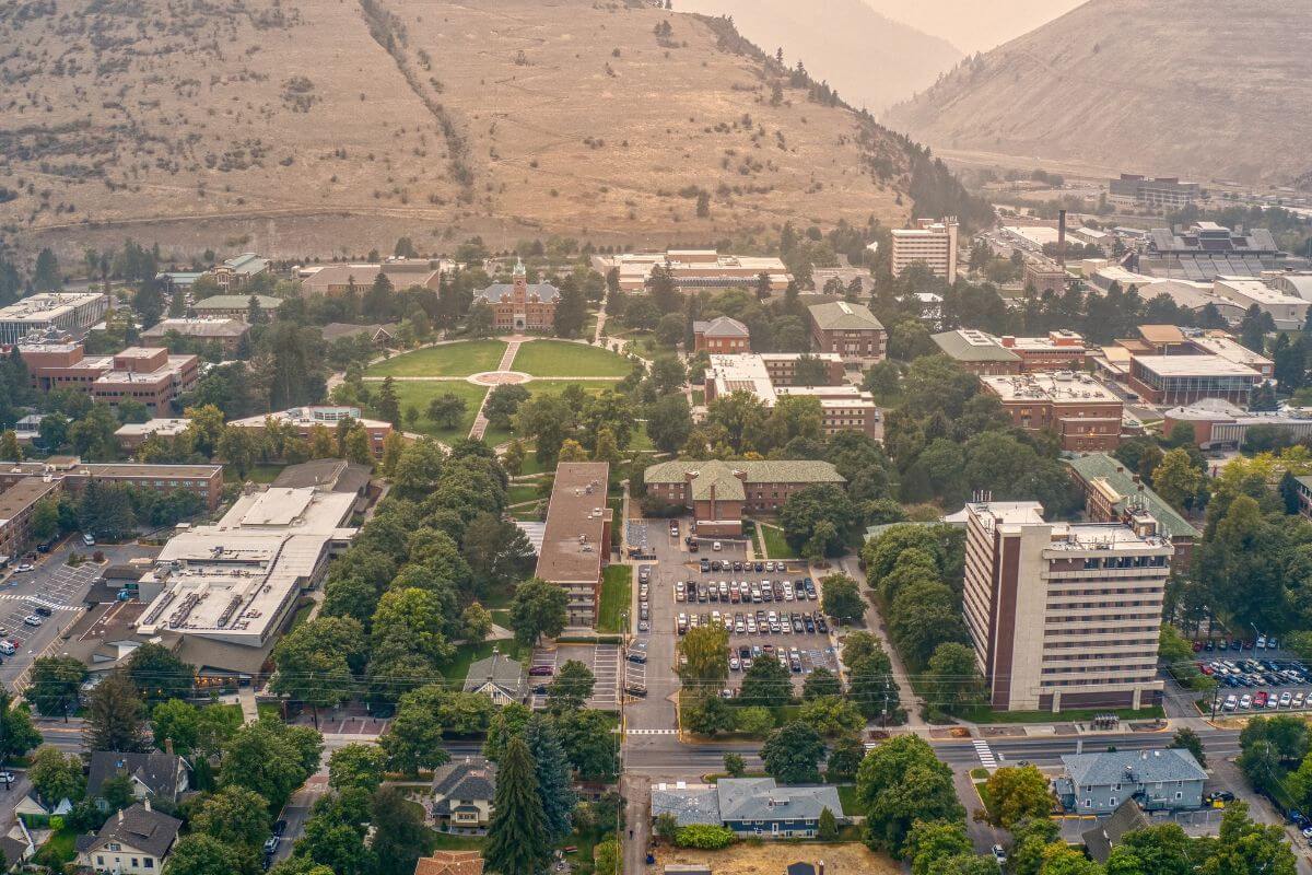 An aerial view of a college campus in Montana.