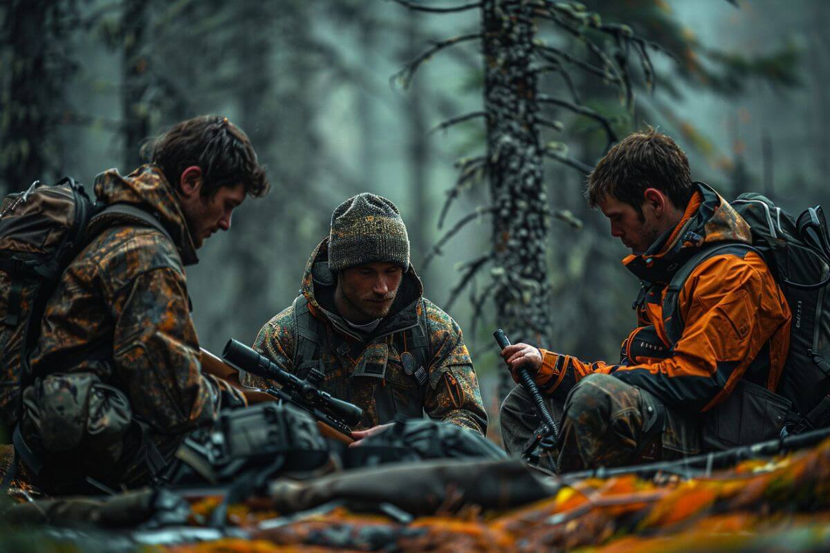 A group of hunters in camouflage assembling their equipment in the woods during a Montana OTC bighorn sheep hunt
