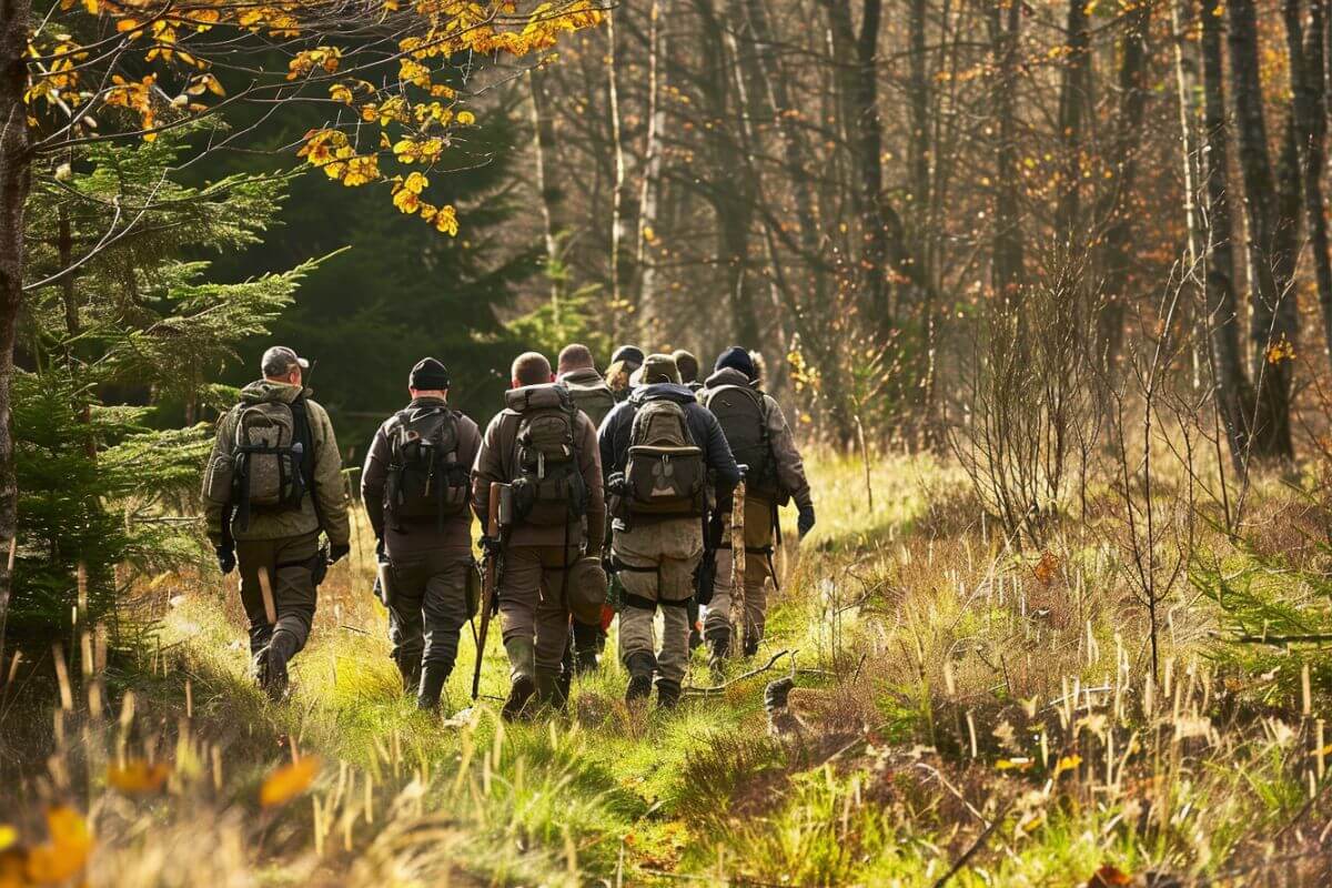 A group of hunters trudge through a wooded area in Montana in search of elk.