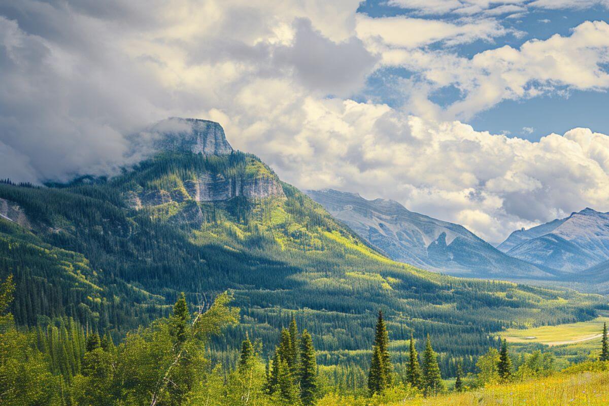 A valley with mountains and trees, nestled in serene Montana scenery.