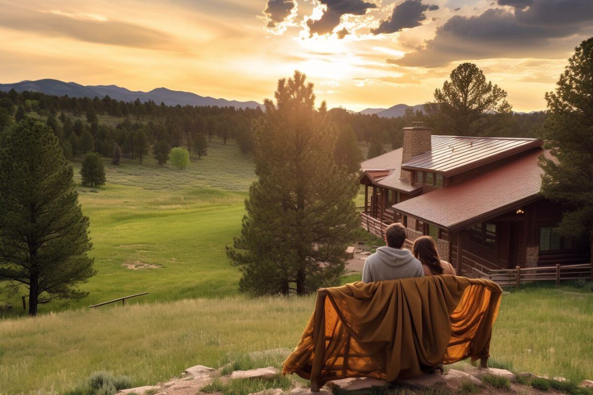A couple enjoys a beautiful sunset outside their cabin during their romantic vacation in Montana.