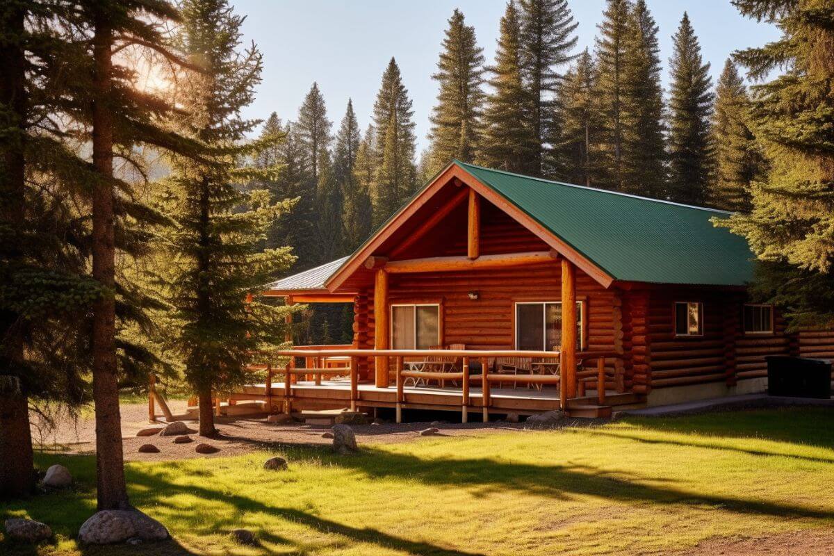 A romantic log cabin surrounded by towering pine trees in Montana.