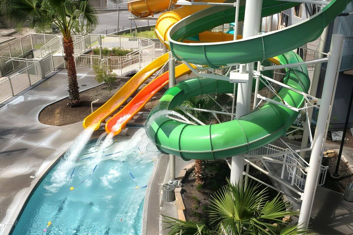 Dual water slides that lead to a pool as seen in Oasis Waterpark.