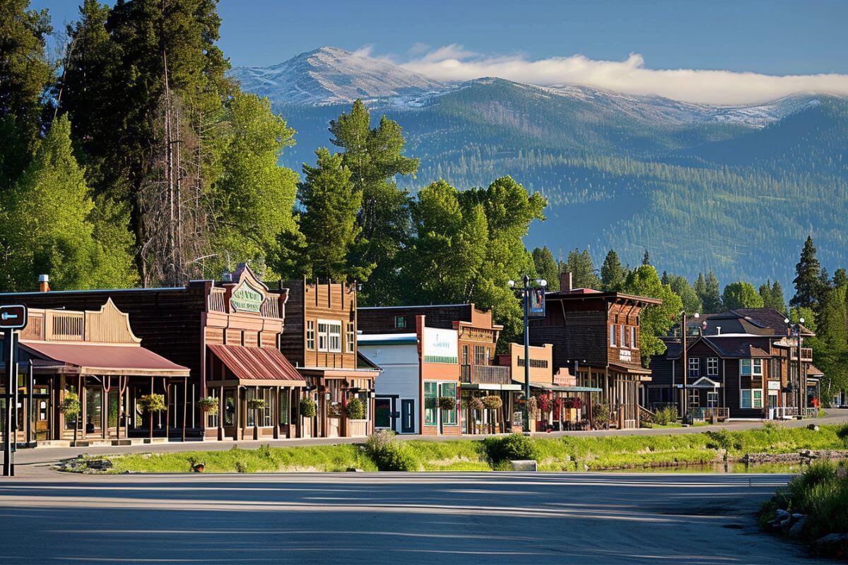 A small town in Montana nestled amid mountains in the backdrop.