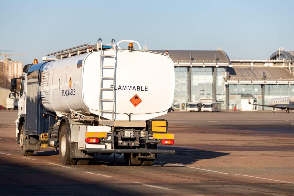 A white fuel tanker truck is parked in an airport in Montana.