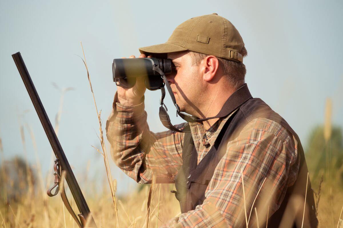 A Montana hunter uses binoculars to scan a field of tall grass for potential antelope prey