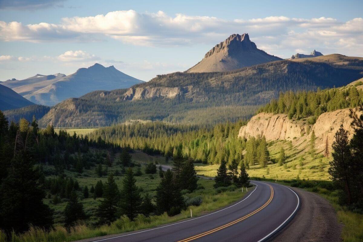 A scenic road winds through majestic mountains with stunning views in the background.