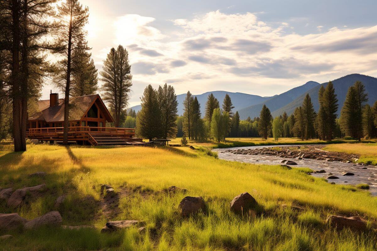 A gorgeous view of a beautiful log cabin in a grassy field along the riverbank, set against a background of majestic pine trees and mountains in Montana.