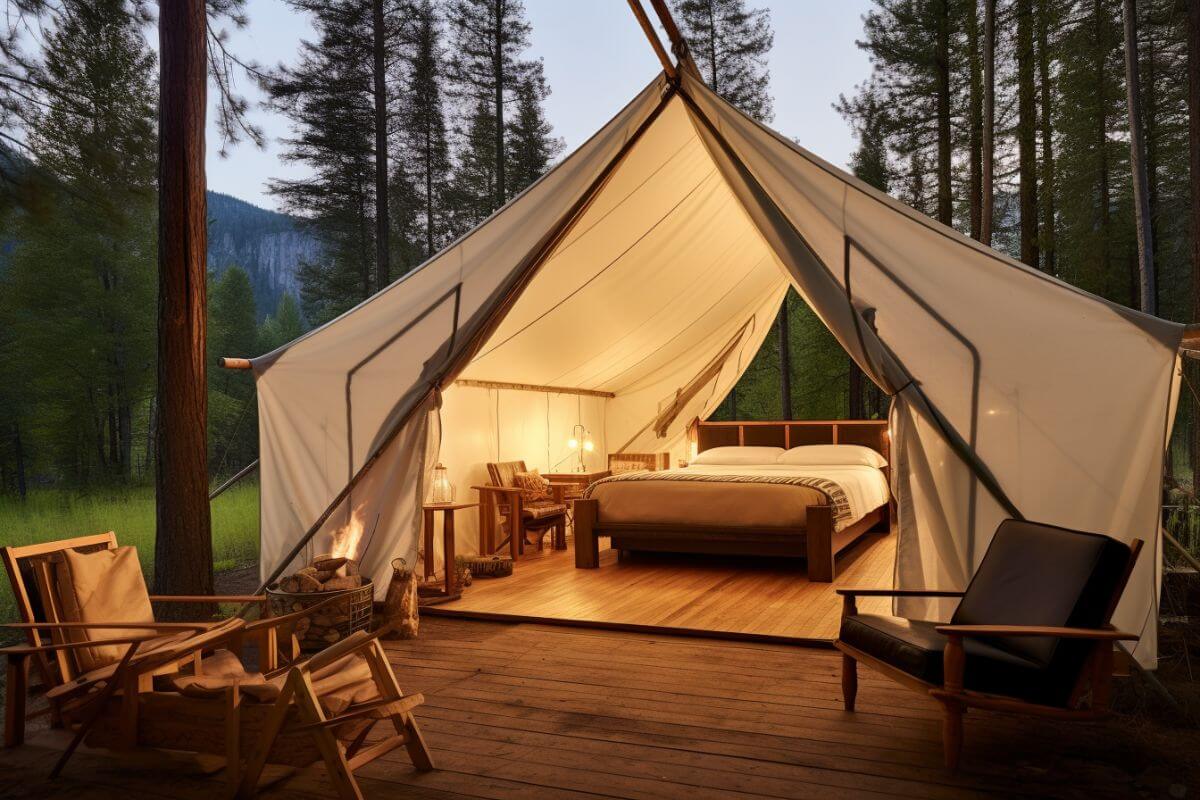 A glamorous camp set up in pristine forest in Montana.