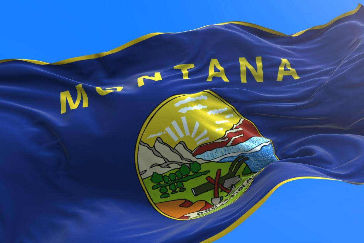 Montana state flag displaying its colors as it waves in the wind.