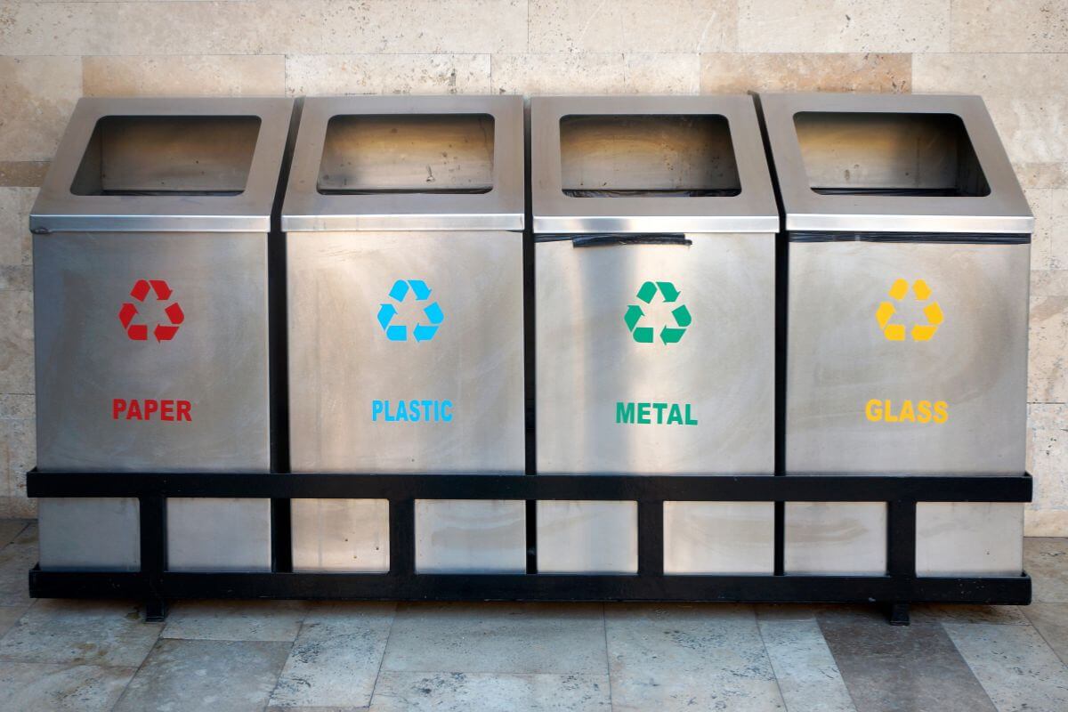 A row of metal recycling bins
