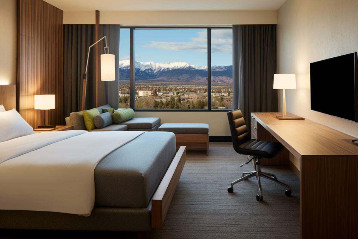 A hotel room with a view of mountains in Montana.
