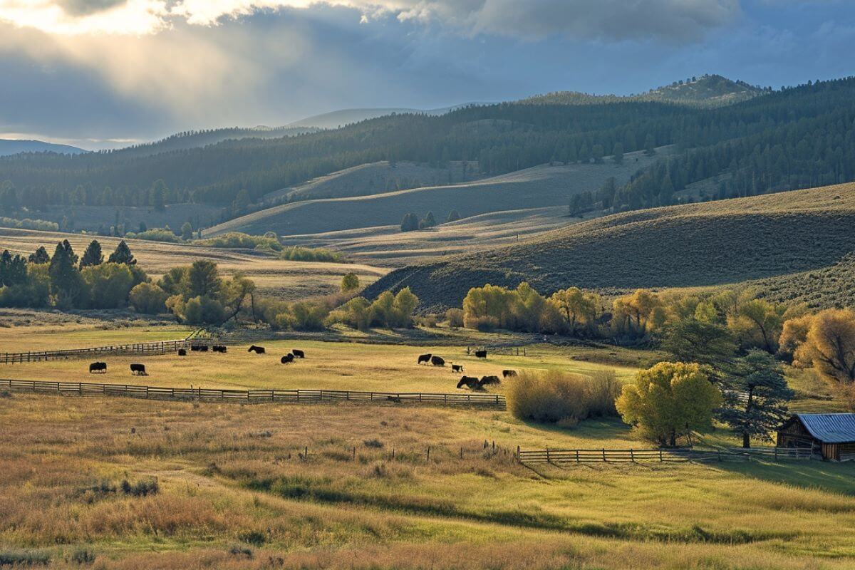 Cattle grazing in Deep Creek, Montana with mountains in the background.